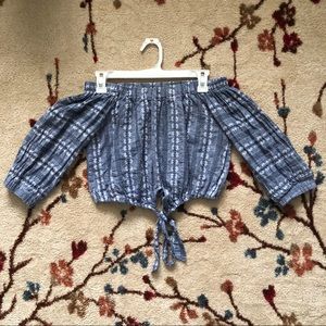 Cropped, off the shoulder blue/white top